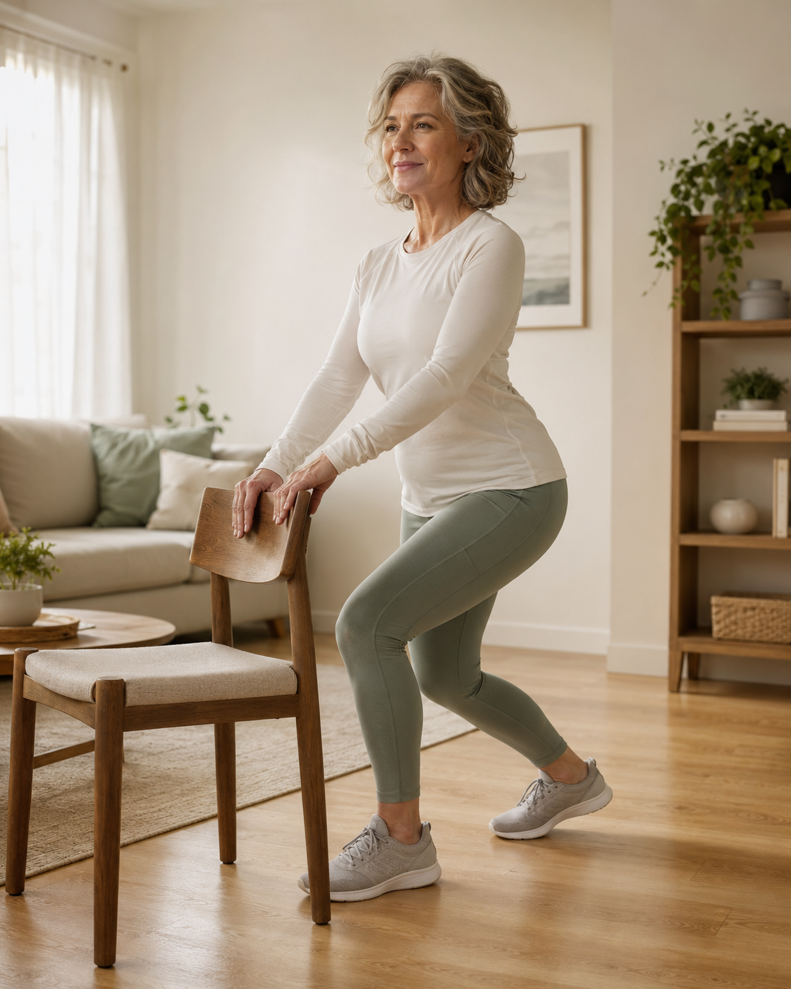 Active adult performing a supported recovery exercise at home